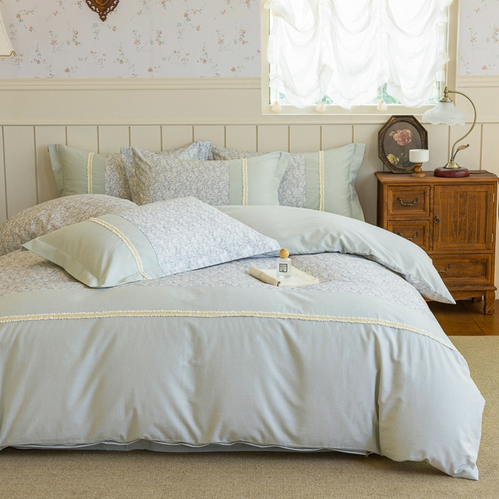 91家纺网 家纺一手货源 找家纺 巧玲珑 2025新款织带花边工艺款四件套-初夏铃兰 初夏铃兰-草绿