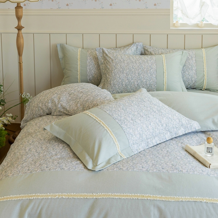 91家纺网 家纺一手货源 找家纺 巧玲珑 2025新款织带花边工艺款四件套-初夏铃兰 初夏铃兰-草绿