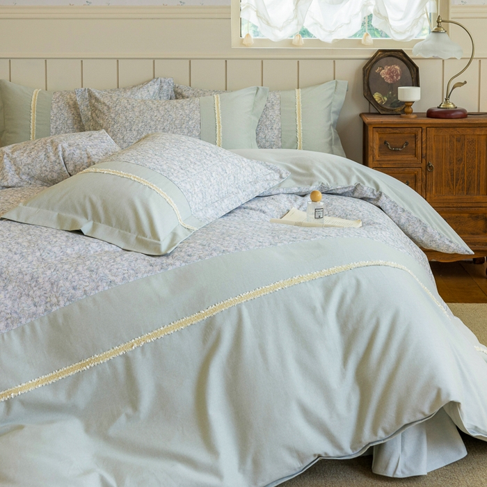 91家纺网 家纺一手货源 找家纺 巧玲珑 2025新款织带花边工艺款四件套-初夏铃兰 初夏铃兰-草绿