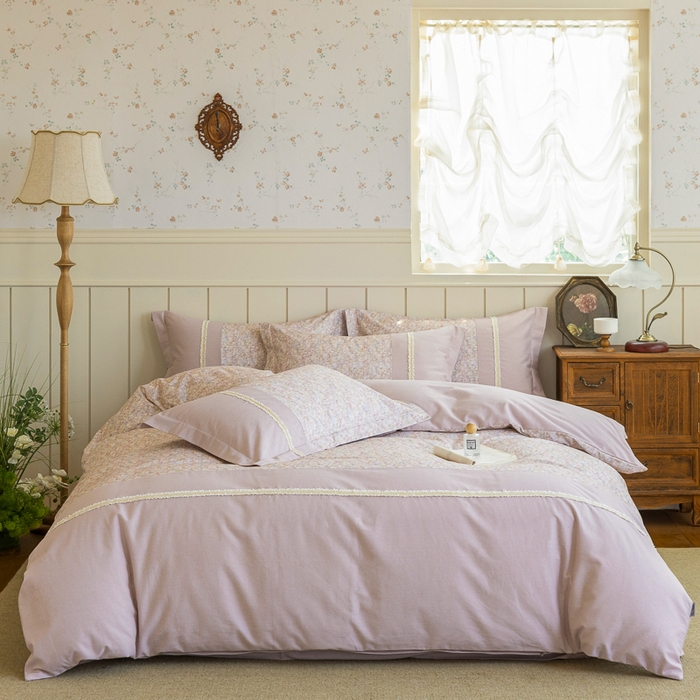 91家纺网 家纺一手货源 找家纺 巧玲珑 2025新款织带花边工艺款四件套-初夏铃兰 初夏铃兰-豆沙