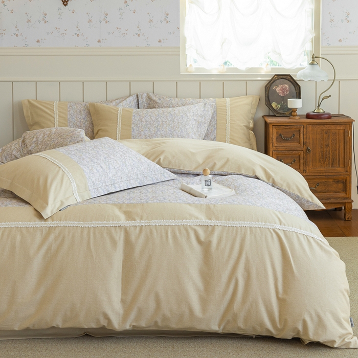 91家纺网 家纺一手货源 找家纺 巧玲珑 2025新款织带花边工艺款四件套-初夏铃兰 初夏铃兰-米黄