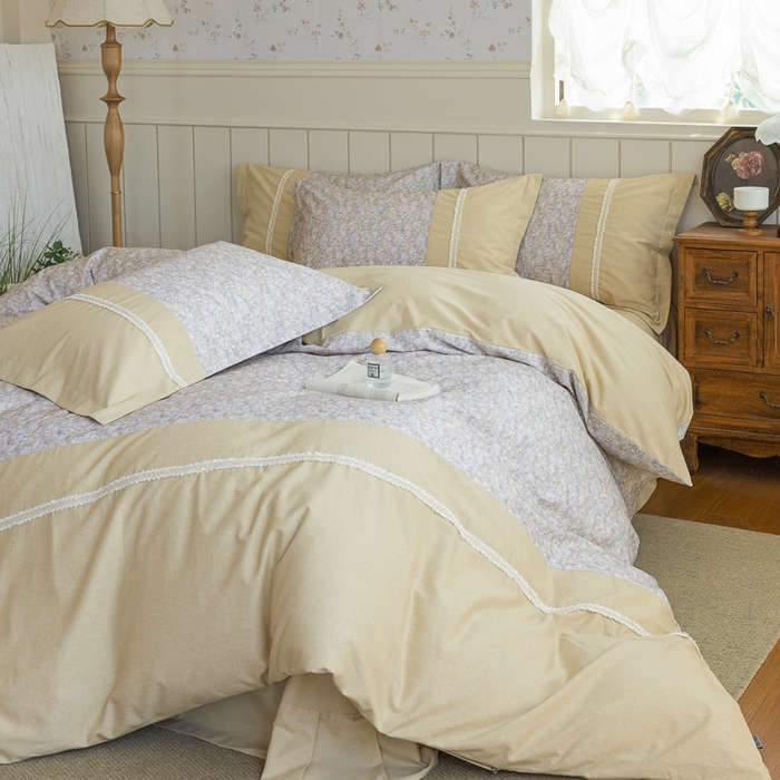 91家纺网 家纺一手货源 找家纺 巧玲珑 2025新款织带花边工艺款四件套-初夏铃兰 初夏铃兰-米黄