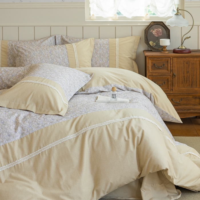 91家纺网 家纺一手货源 找家纺 巧玲珑 2025新款织带花边工艺款四件套-初夏铃兰 初夏铃兰-米黄