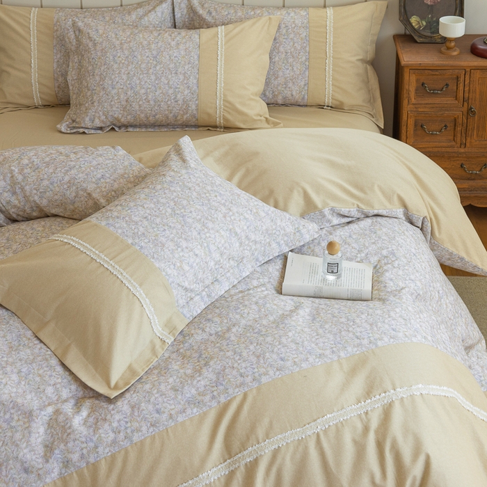 91家纺网 家纺一手货源 找家纺 巧玲珑 2025新款织带花边工艺款四件套-初夏铃兰 初夏铃兰-米黄