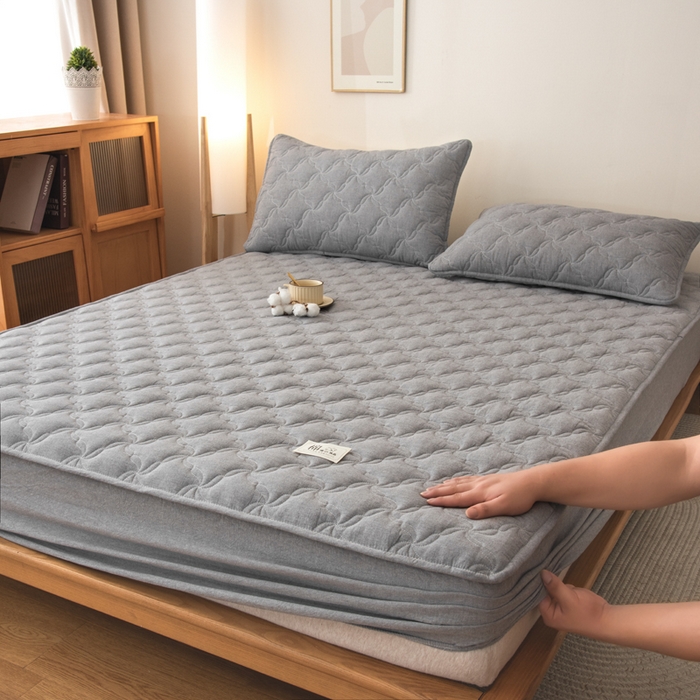 萌飞 2025新款A类全棉纯棉色织抗菌夹棉床笠单床笠单品床笠单件床笠同款枕套一对 高级灰