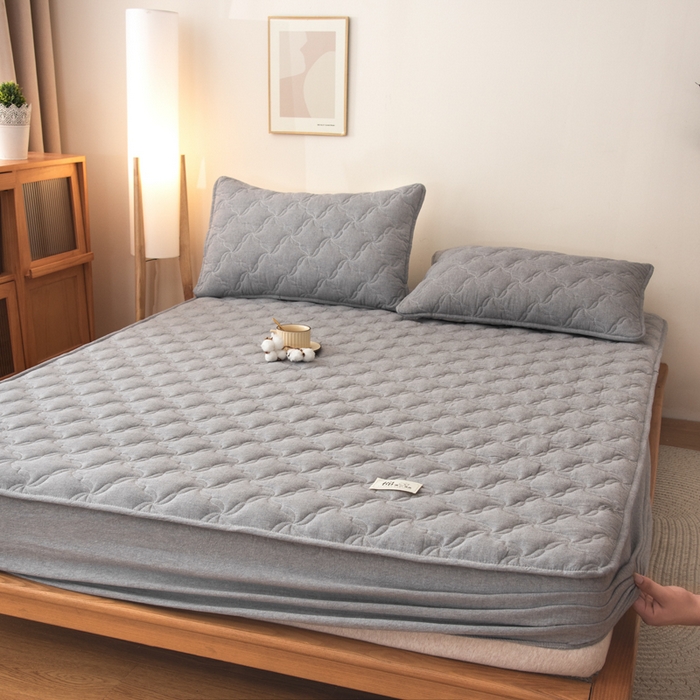 91家纺网 家纺一手货源 找家纺 萌飞 2025新款A类全棉纯棉色织抗菌夹棉床笠单床笠单品床笠单件床笠同款枕套一对 高级灰