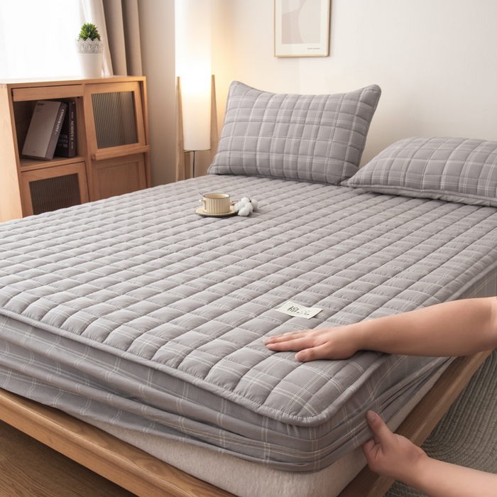 萌飞 2025新款A类全棉纯棉色织抗菌夹棉床笠单床笠单品床笠单件床笠同款枕套一对 灰小格