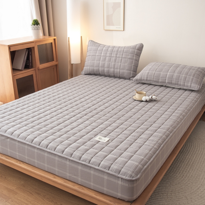 91家纺网 家纺一手货源 找家纺 萌飞 2025新款A类全棉纯棉色织抗菌夹棉床笠单床笠单品床笠单件床笠同款枕套一对 灰小格