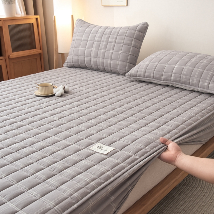 91家纺网 家纺一手货源 找家纺 萌飞 2025新款A类全棉纯棉色织抗菌夹棉床笠单床笠单品床笠单件床笠同款枕套一对 灰小格