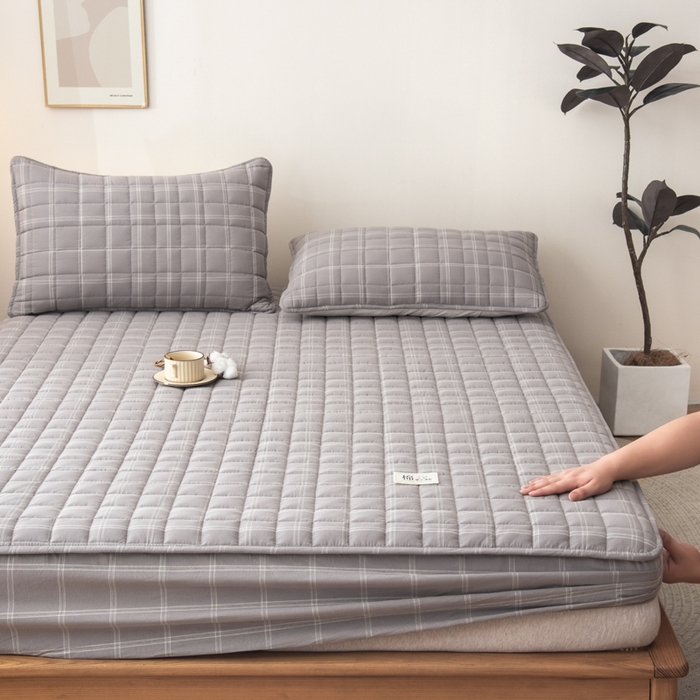 91家纺网 家纺一手货源 找家纺 萌飞 2025新款A类全棉纯棉色织抗菌夹棉床笠单床笠单品床笠单件床笠同款枕套一对 灰小格