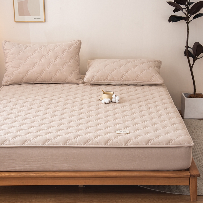 91家纺网 家纺一手货源 找家纺 萌飞 2025新款A类全棉纯棉色织抗菌夹棉床笠单床笠单品床笠单件床笠同款枕套一对 卡其色