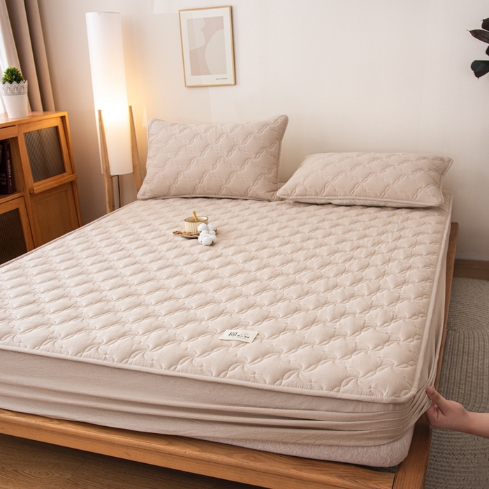 91家纺网 家纺一手货源 找家纺 萌飞 2025新款A类全棉纯棉色织抗菌夹棉床笠单床笠单品床笠单件床笠同款枕套一对 卡其色