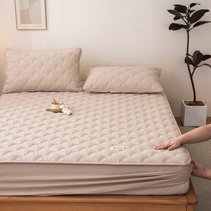 91家纺网 家纺一手货源 找家纺 萌飞 2025新款A类全棉纯棉色织抗菌夹棉床笠单床笠单品床笠单件床笠同款枕套一对 卡其色