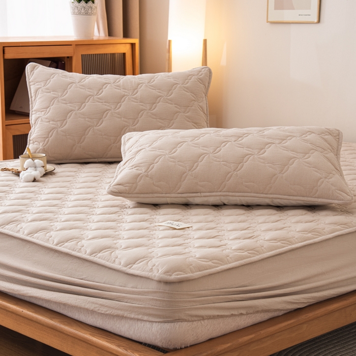 91家纺网 家纺一手货源 找家纺 萌飞 2025新款A类全棉纯棉色织抗菌夹棉床笠单床笠单品床笠单件床笠同款枕套一对 卡其色