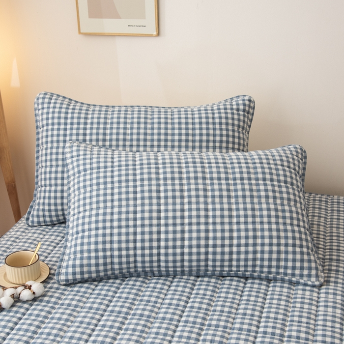 91家纺网 家纺一手货源 找家纺 萌飞 2025新款A类全棉纯棉色织抗菌夹棉床笠单床笠单品床笠单件床笠同款枕套一对 蓝小格