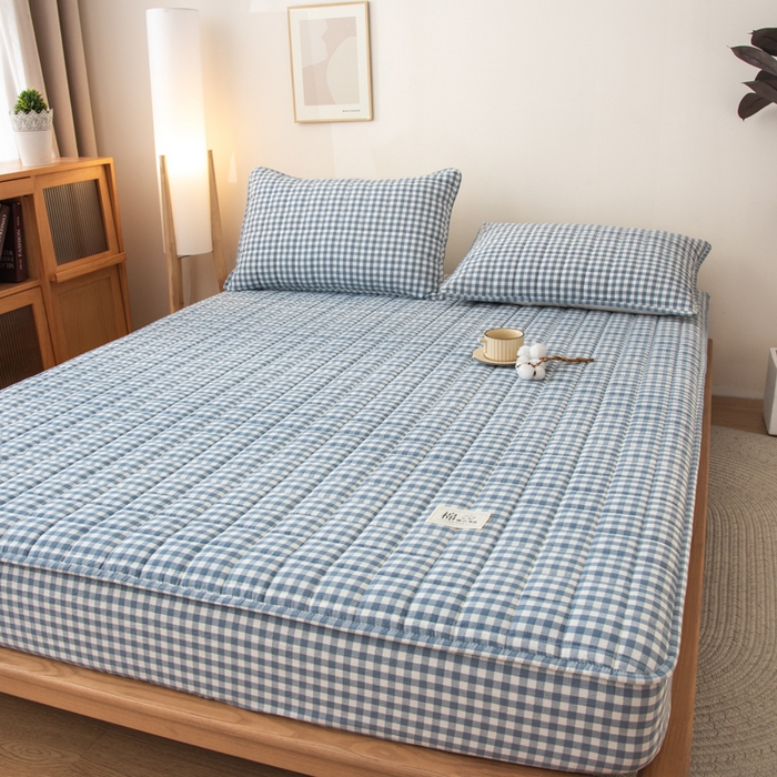 91家纺网 家纺一手货源 找家纺 萌飞 2025新款A类全棉纯棉色织抗菌夹棉床笠单床笠单品床笠单件床笠同款枕套一对 蓝小格