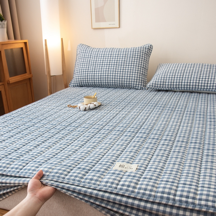 91家纺网 家纺一手货源 找家纺 萌飞 2025新款A类全棉纯棉色织抗菌夹棉床笠单床笠单品床笠单件床笠同款枕套一对 蓝小格