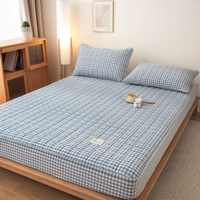 91家纺网 家纺一手货源 找家纺 萌飞 2025新款A类全棉纯棉色织抗菌夹棉床笠单床笠单品床笠单件床笠同款枕套一对 蓝小格