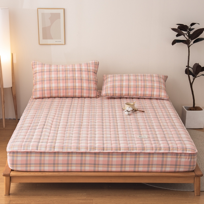 91家纺网 家纺一手货源 找家纺 萌飞 2025新款A类全棉纯棉色织抗菌夹棉床笠单床笠单品床笠单件床笠同款枕套一对 莫妮卡-粉