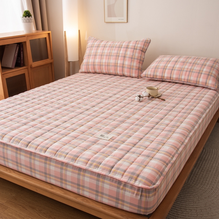 91家纺网 家纺一手货源 找家纺 萌飞 2025新款A类全棉纯棉色织抗菌夹棉床笠单床笠单品床笠单件床笠同款枕套一对 莫妮卡-粉