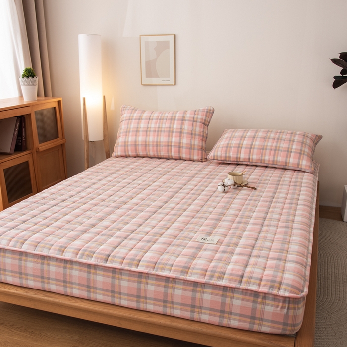 91家纺网 家纺一手货源 找家纺 萌飞 2025新款A类全棉纯棉色织抗菌夹棉床笠单床笠单品床笠单件床笠同款枕套一对 莫妮卡-粉