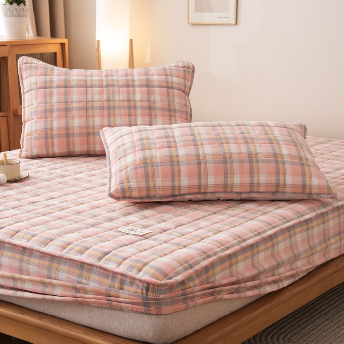 91家纺网 家纺一手货源 找家纺 萌飞 2025新款A类全棉纯棉色织抗菌夹棉床笠单床笠单品床笠单件床笠同款枕套一对 莫妮卡-粉