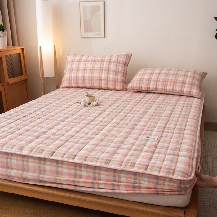 91家纺网 家纺一手货源 找家纺 萌飞 2025新款A类全棉纯棉色织抗菌夹棉床笠单床笠单品床笠单件床笠同款枕套一对 莫妮卡-粉