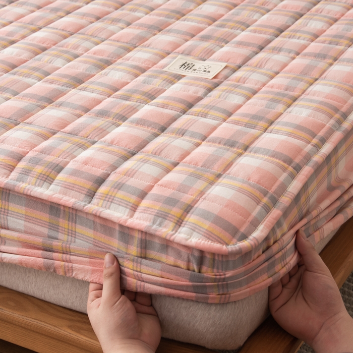 91家纺网 家纺一手货源 找家纺 萌飞 2025新款A类全棉纯棉色织抗菌夹棉床笠单床笠单品床笠单件床笠同款枕套一对 莫妮卡-粉