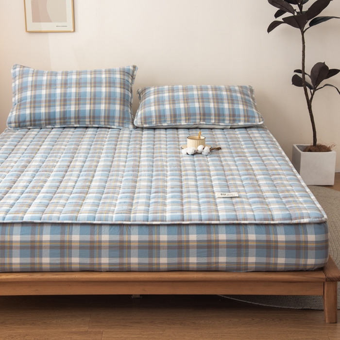 91家纺网 家纺一手货源 找家纺 萌飞 2025新款A类全棉纯棉色织抗菌夹棉床笠单床笠单品床笠单件床笠同款枕套一对 莫妮卡-蓝