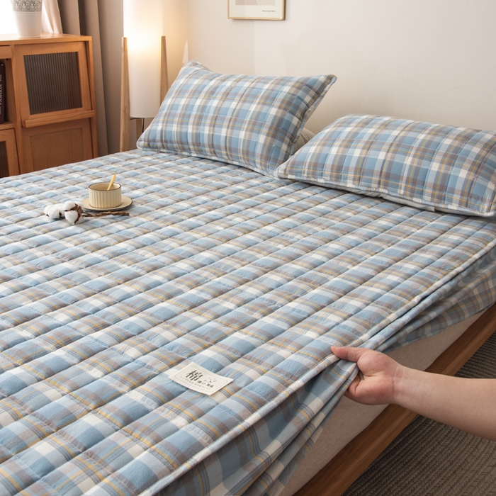 91家纺网 家纺一手货源 找家纺 萌飞 2025新款A类全棉纯棉色织抗菌夹棉床笠单床笠单品床笠单件床笠同款枕套一对 莫妮卡-蓝