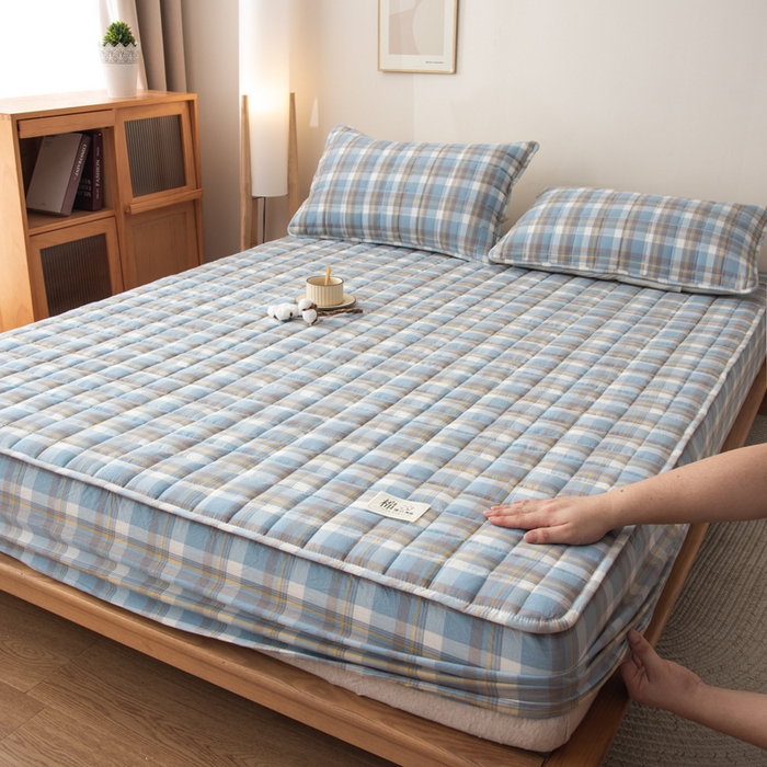 91家纺网 家纺一手货源 找家纺 萌飞 2025新款A类全棉纯棉色织抗菌夹棉床笠单床笠单品床笠单件床笠同款枕套一对 莫妮卡-蓝