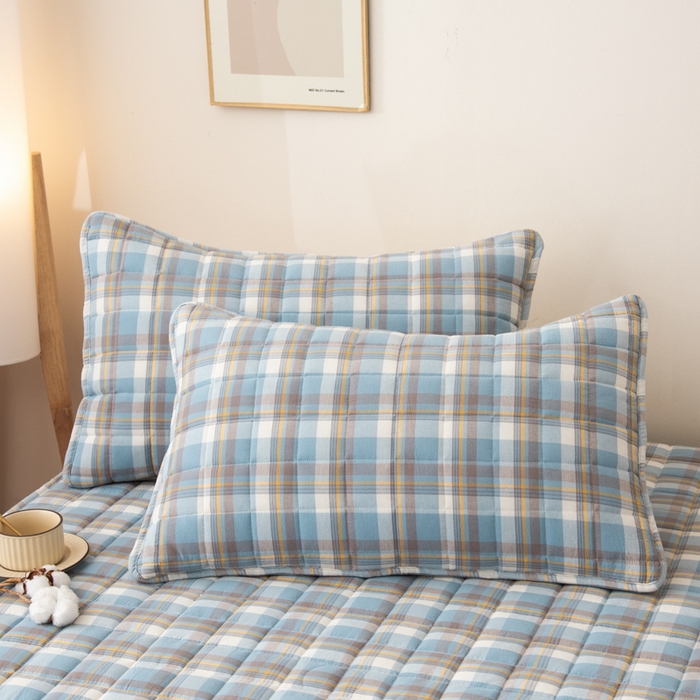 91家纺网 家纺一手货源 找家纺 萌飞 2025新款A类全棉纯棉色织抗菌夹棉床笠单床笠单品床笠单件床笠同款枕套一对 莫妮卡-蓝