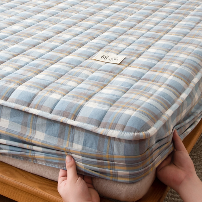 91家纺网 家纺一手货源 找家纺 萌飞 2025新款A类全棉纯棉色织抗菌夹棉床笠单床笠单品床笠单件床笠同款枕套一对 莫妮卡-蓝