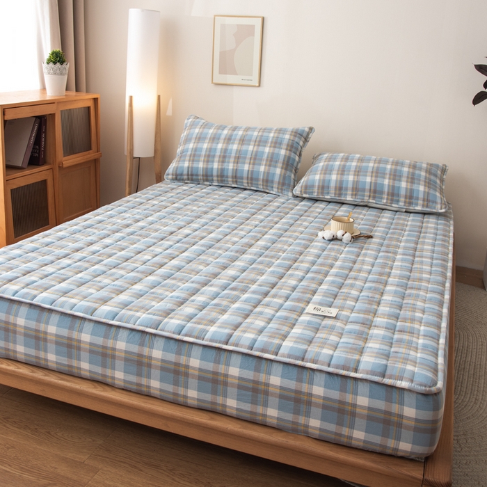 91家纺网 家纺一手货源 找家纺 萌飞 2025新款A类全棉纯棉色织抗菌夹棉床笠单床笠单品床笠单件床笠同款枕套一对 莫妮卡-蓝