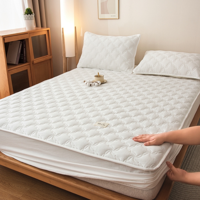 萌飞 2025新款A类全棉纯棉色织抗菌夹棉床笠单床笠单品床笠单件床笠同款枕套一对 奶油白