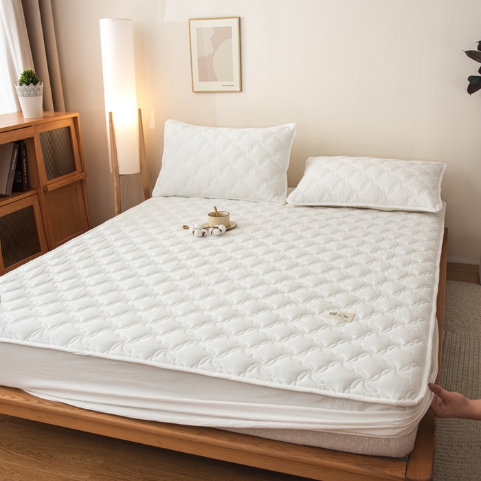 91家纺网 家纺一手货源 找家纺 萌飞 2025新款A类全棉纯棉色织抗菌夹棉床笠单床笠单品床笠单件床笠同款枕套一对 奶油白