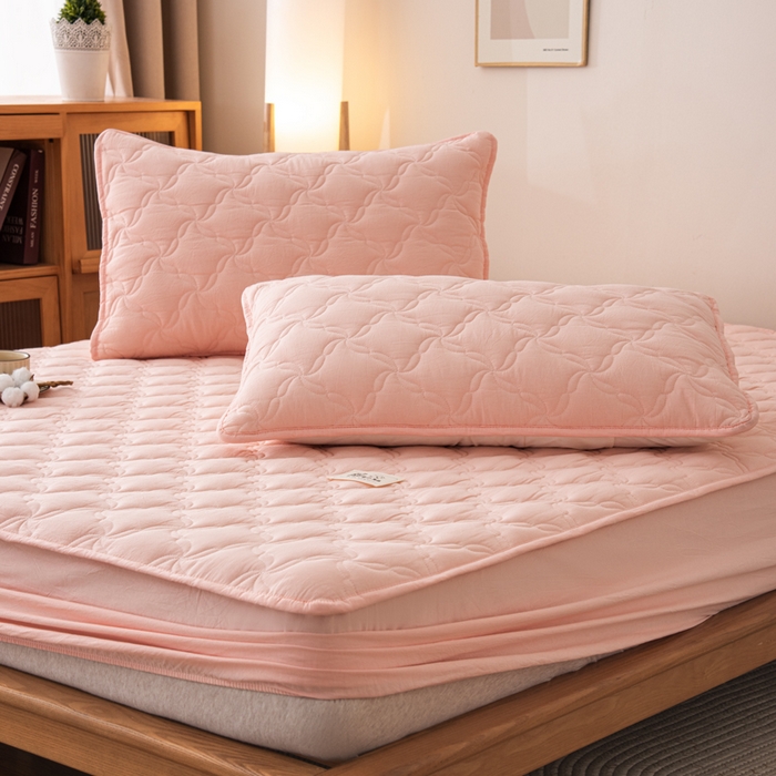 91家纺网 家纺一手货源 找家纺 萌飞 2025新款A类全棉纯棉色织抗菌夹棉床笠单床笠单品床笠单件床笠同款枕套一对 少女粉