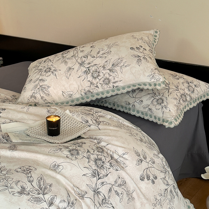 91家纺网 家纺一手货源 找家纺 （总）帛美家纺 2025年新款全棉纯棉花边印花磨毛四件套