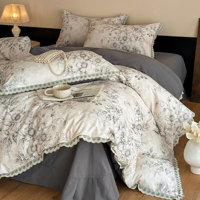 91家纺网 家纺一手货源 找家纺 （总）帛美家纺 2025年新款全棉纯棉花边印花磨毛四件套