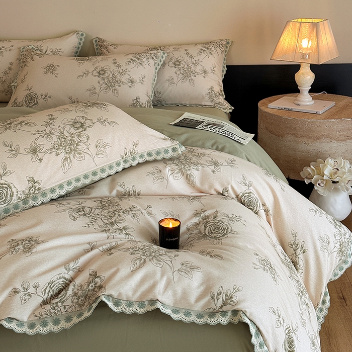 91家纺网 家纺一手货源 找家纺 （总）帛美家纺 2025年新款全棉纯棉花边印花磨毛四件套