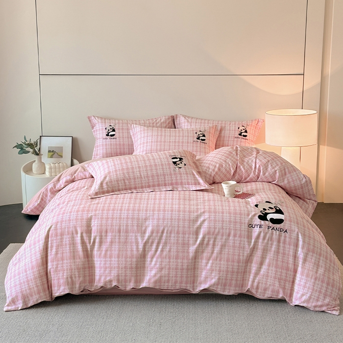 91家纺网 家纺一手货源 找家纺 帛美家纺 2025年新款全棉纯棉加厚绣花款磨毛四件套-萌小猫系列 萌小猫（粉格）