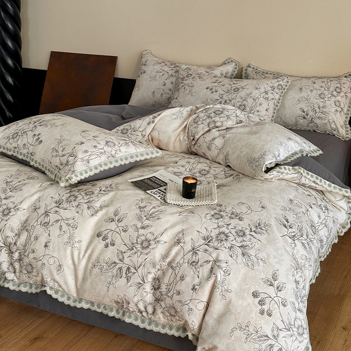 91家纺网 家纺一手货源 找家纺 帛美家纺 2025年新款全棉纯棉花边印花磨毛四件套 花禧-灰