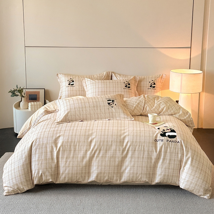 91家纺网 家纺一手货源 找家纺 帛美家纺 2025年新款全棉纯棉加厚绣花款磨毛四件套-萌小猫系列 萌小猫（灰格）