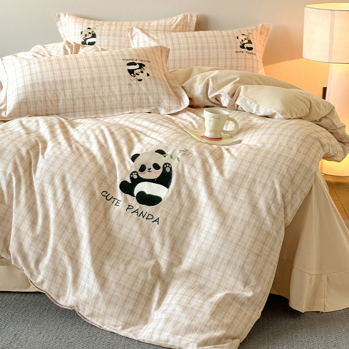 91家纺网 家纺一手货源 找家纺 帛美家纺 2025年新款全棉纯棉加厚绣花款磨毛四件套-萌小猫系列 萌小猫（灰格）