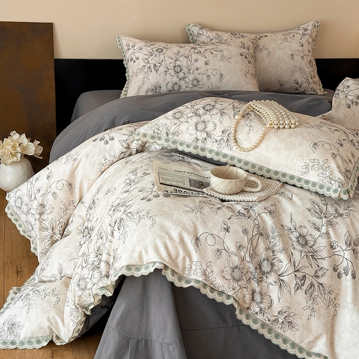 91家纺网 家纺一手货源 找家纺 帛美家纺 2025年新款全棉纯棉花边印花磨毛四件套 花禧-灰