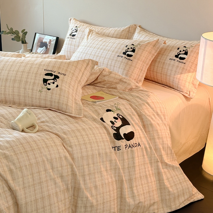 91家纺网 家纺一手货源 找家纺 帛美家纺 2025年新款全棉纯棉加厚绣花款磨毛四件套-萌小猫系列 萌小猫（灰格）