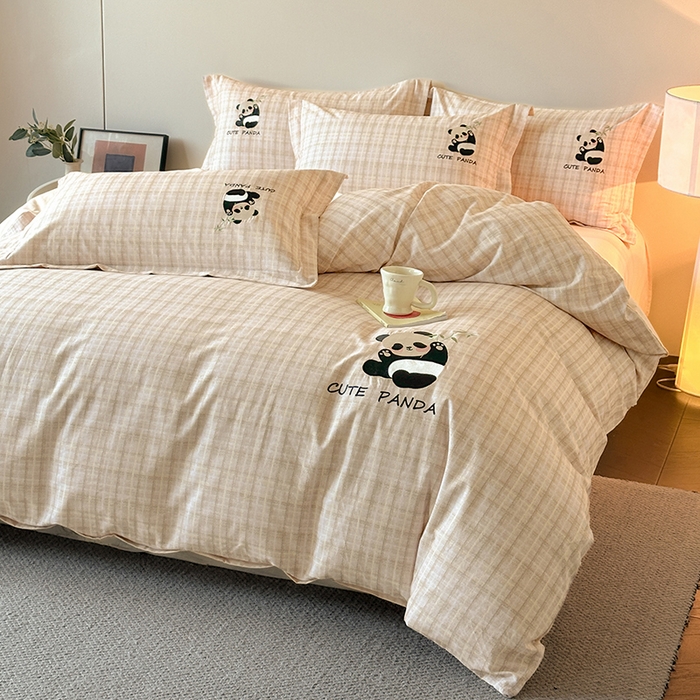 91家纺网 家纺一手货源 找家纺 帛美家纺 2025年新款全棉纯棉加厚绣花款磨毛四件套-萌小猫系列 萌小猫（灰格）