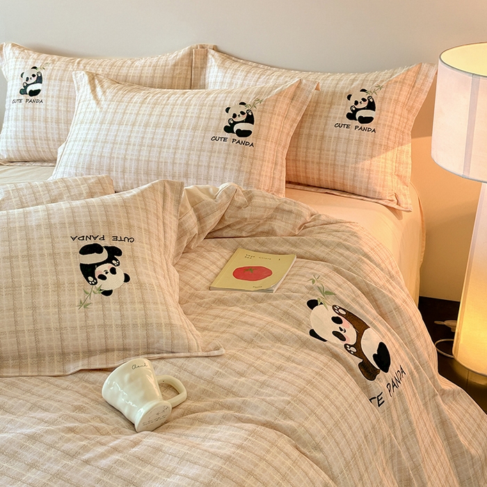 91家纺网 家纺一手货源 找家纺 帛美家纺 2025年新款全棉纯棉加厚绣花款磨毛四件套-萌小猫系列 萌小猫（灰格）