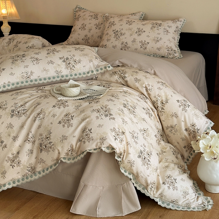 91家纺网 家纺一手货源 找家纺 帛美家纺 2025年新款全棉纯棉花边印花磨毛四件套 蕾雅