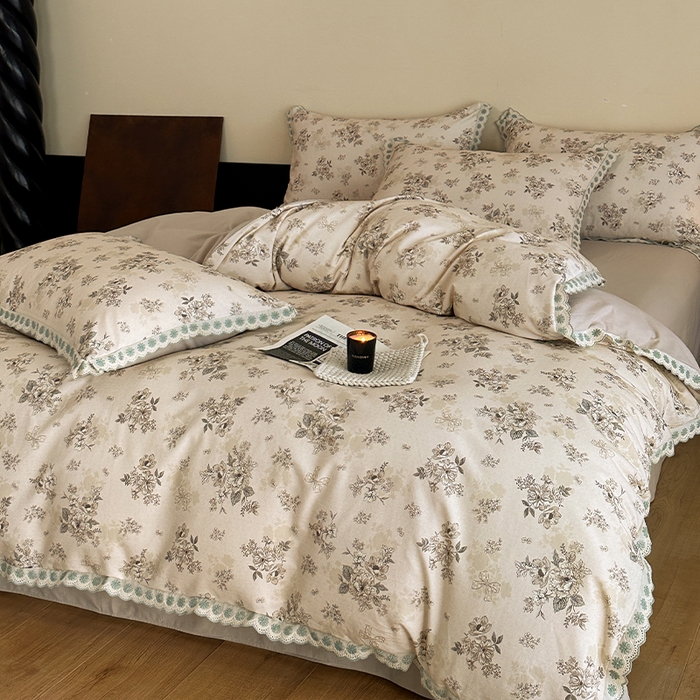 91家纺网 家纺一手货源 找家纺 帛美家纺 2025年新款全棉纯棉花边印花磨毛四件套 蕾雅